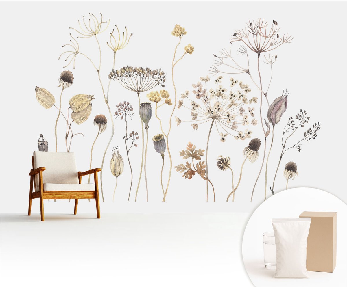 Wallfluent Fotobehang - Beige Vliesbehang - 416x254 cm - Wilde Bloemen Fotobehang Vlies - Hal behang Bloemen En Planten - Muurschildering - Woonkamer behang
