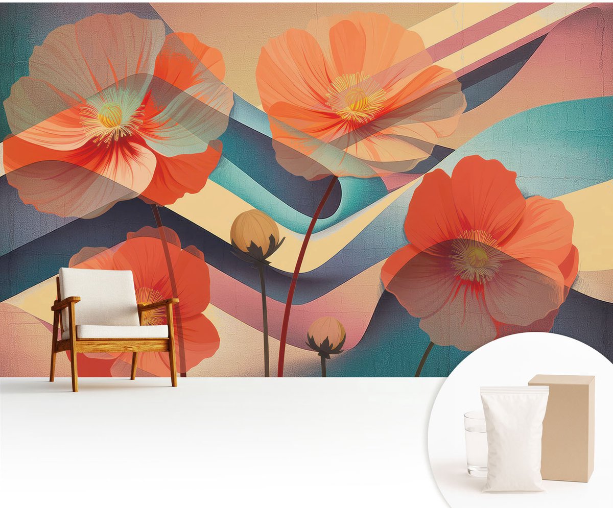 Wallfluent Fotobehang - Oranje Vliesbehang - 416x254 cm - Bloemen Van De Zintuigen Muurschildering - Gang behang Bloemen En Planten - Fotobehang Vlies - Slaapkamer behang