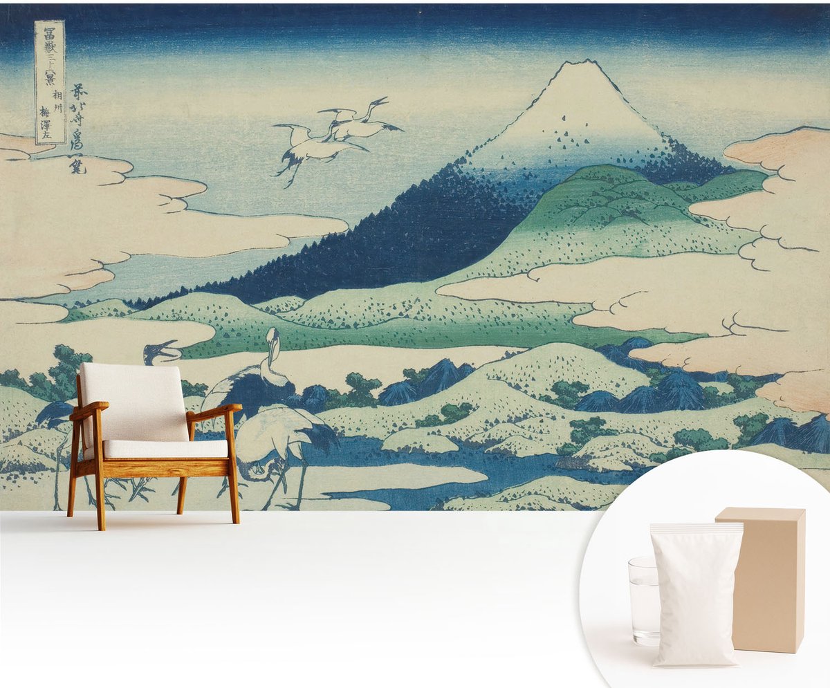 Wallfluent Fotobehang - Blauw Vliesbehang - 416x254 cm - Kraanvogels En Bergen Muurschildering - Slaapkamer behang Landschappen - Fotobehang Vlies - Slaapkamer behang