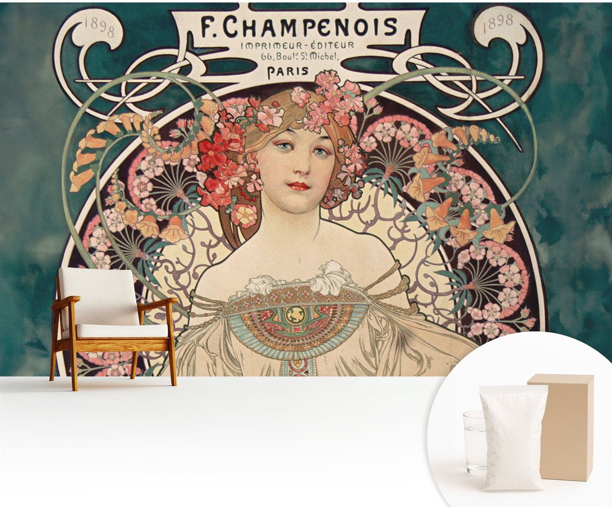 Wallfluent Fotobehang - Grijs Vliesbehang - 416x254 cm - Bloemsymmetrie Muurschildering - Slaapkamer behang Deel - Fotobehang Vlies - Slaapkamer behang