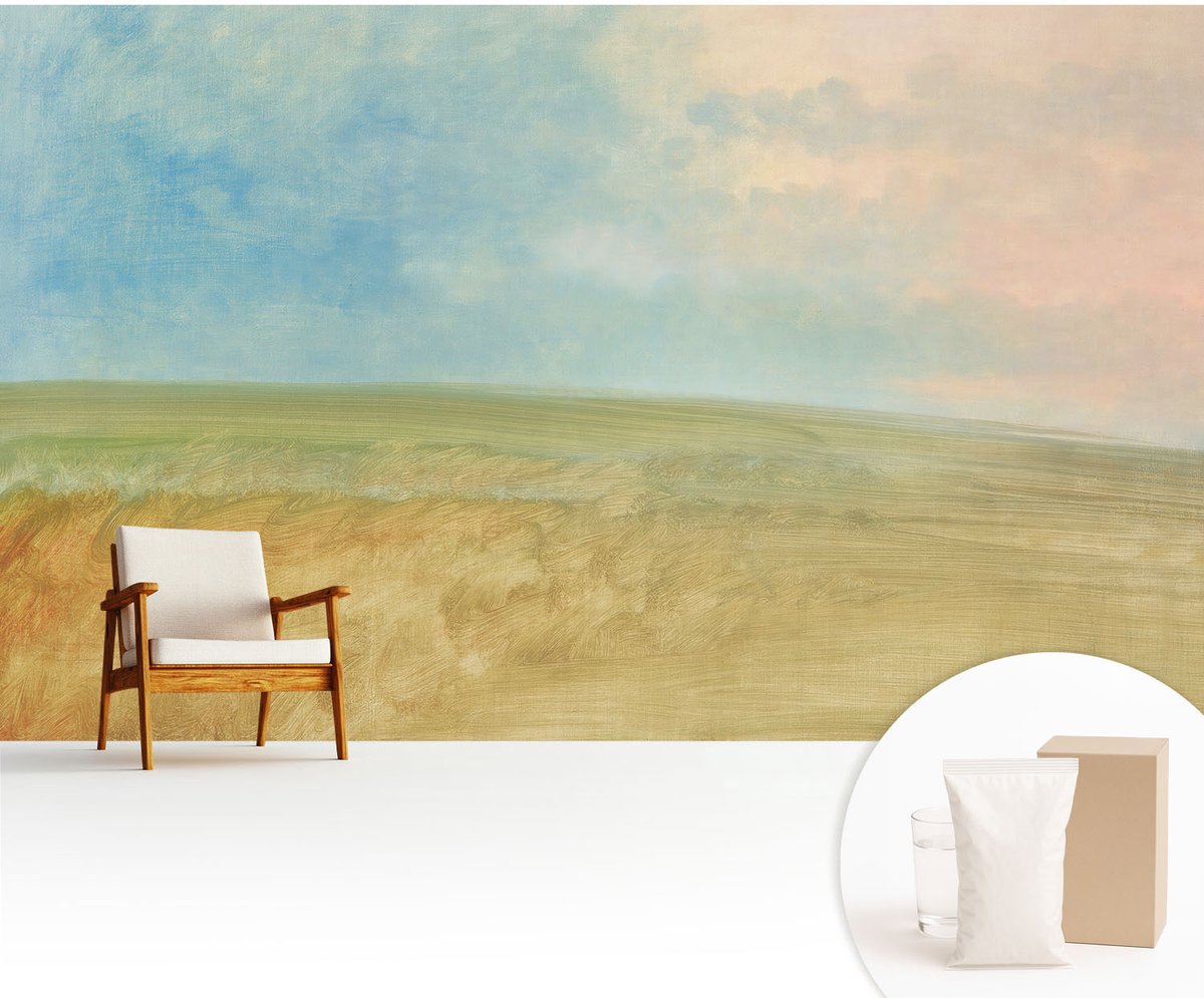 Wallfluent Fotobehang - Blauw Vliesbehang - 416x254 cm - Pastelkleurige Velden Fotobehang Vlies - Woonkamer behang Landschappen - Muurschildering - Woonkamer behang