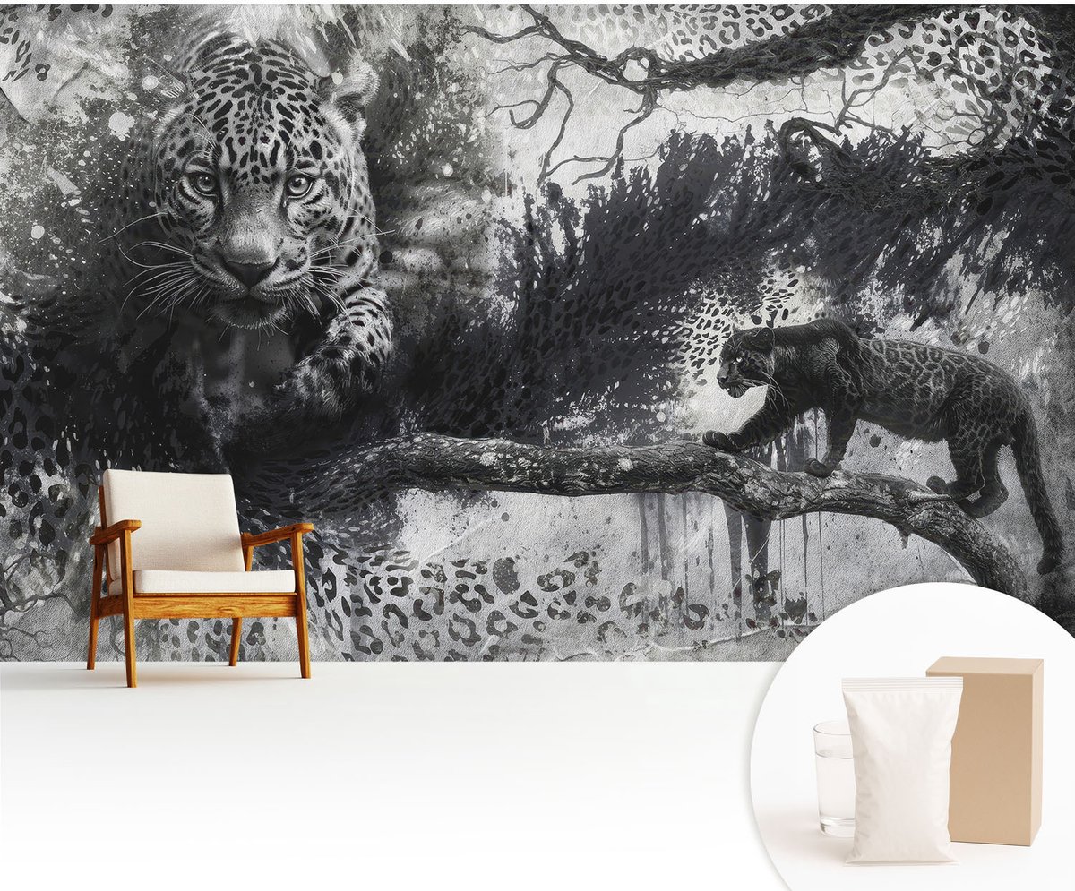 Wallfluent Fotobehang - Zwart-Wit Vliesbehang - 416x254 cm - Abstracte Luipaarden Fotobehang Vlies - Woonkamer behang Dieren - Muurschildering - Hal behang
