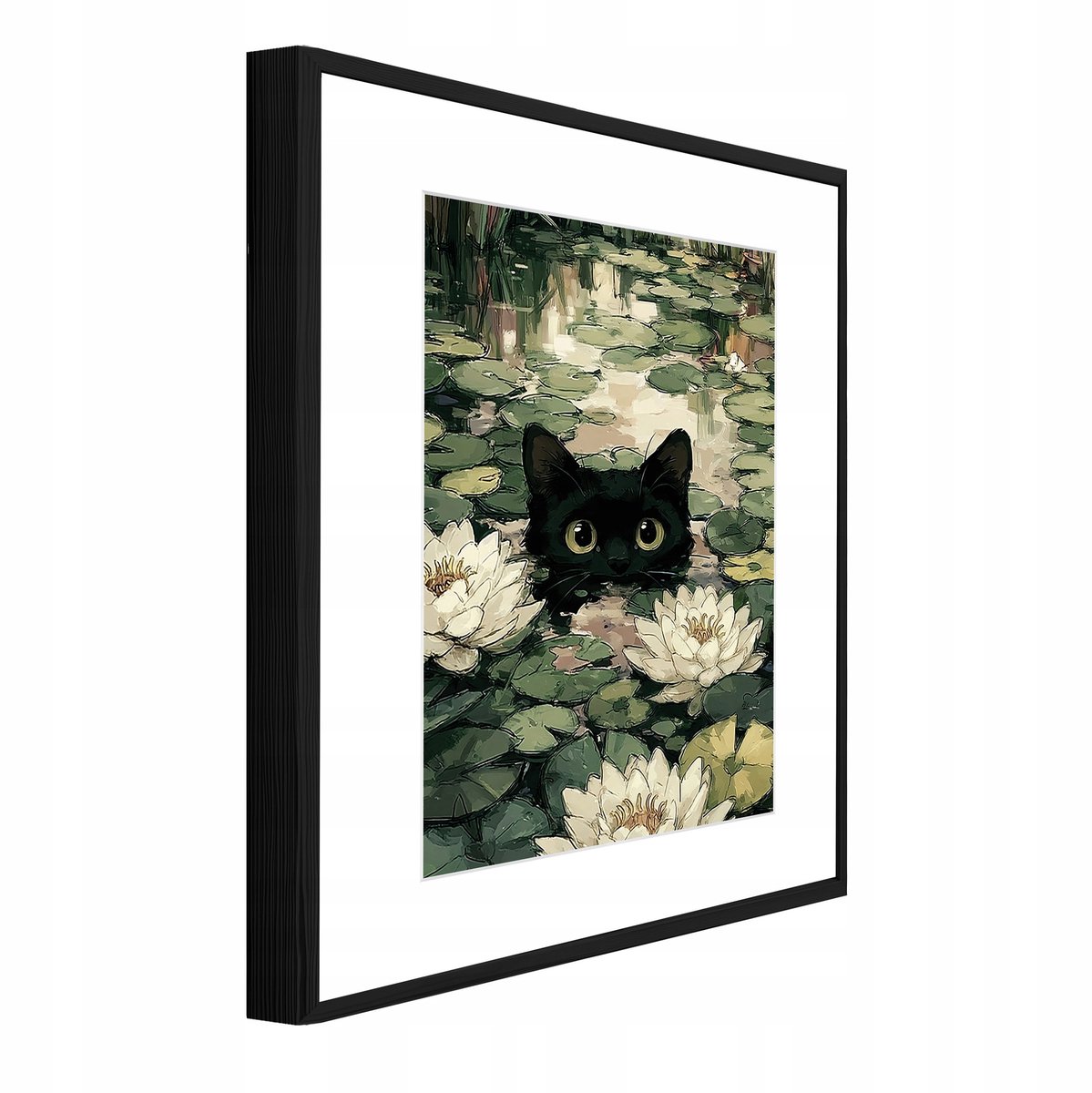 WALLARENA Schilderij met reliëf en passe-partout 40x30 cm - zwarte lijst - kat met lelies in sprookjesstijl - wanddecoratie voor woonkamer en slaapkamer Groen