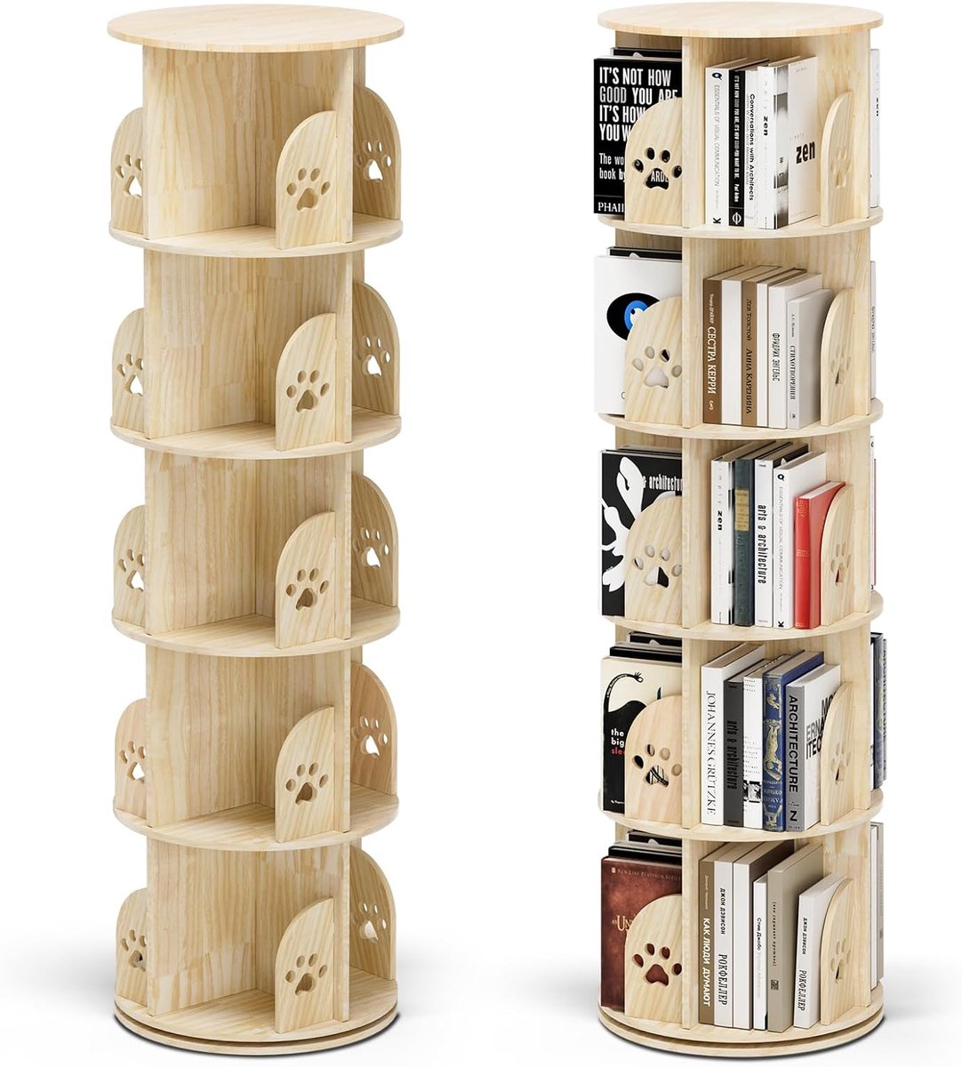 Houten draaibare boekenkast, staande boekenkast, 360 graden opbergrek, multifunctionele organizer, geschikt voor kinderen en volwassenen (vijf lagen)