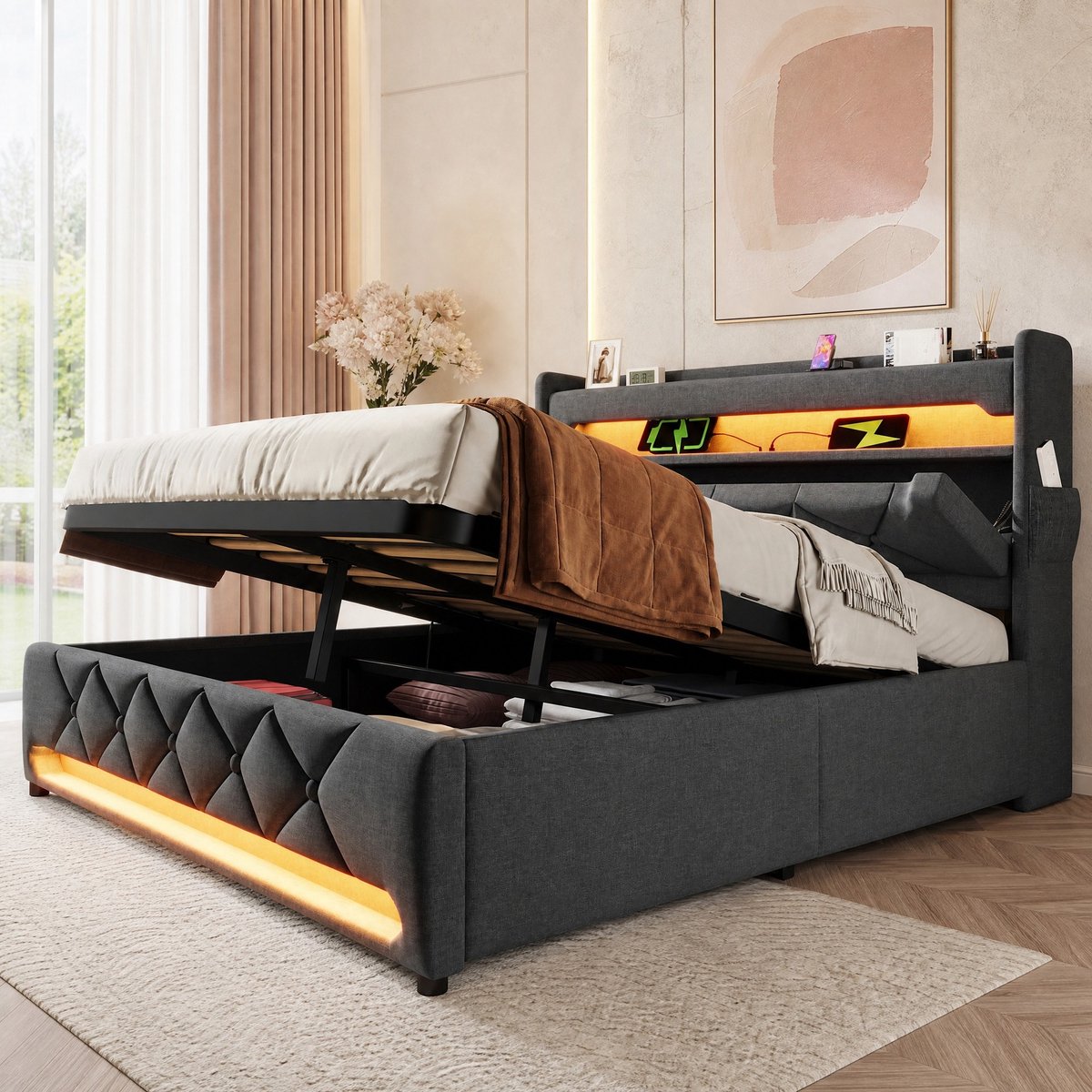 WUVRIE Tweepersoons bedframe 140x200 cm met hydraulische opbergruimte, LED, USB en USB-C, grijs