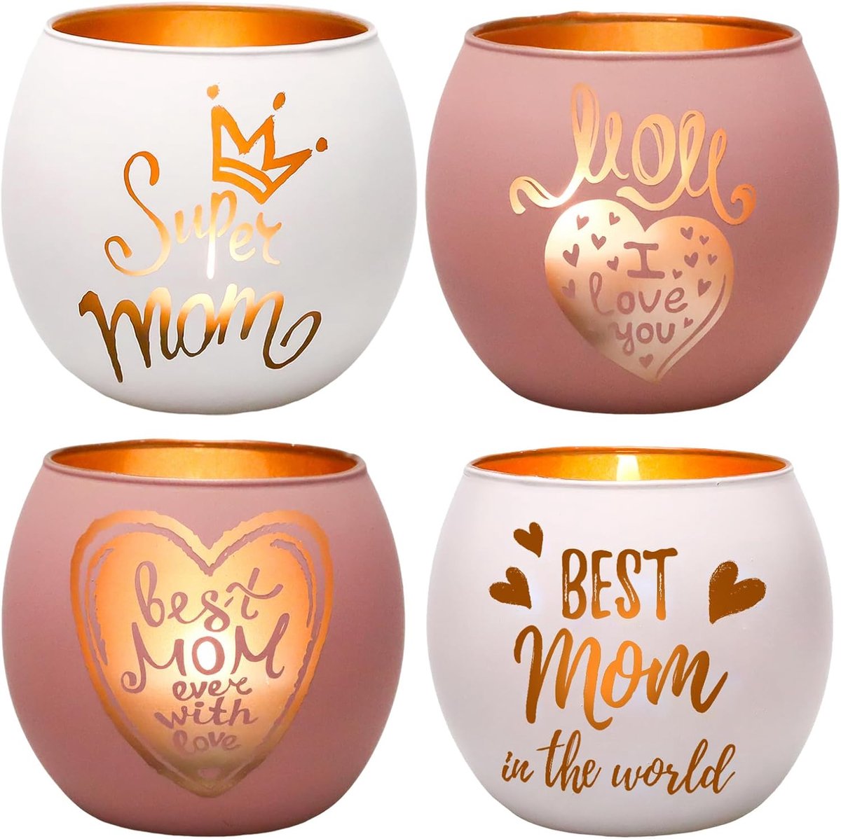 Set van 4 theelichtglazen voor moederdag, met gouden decoratie, kaarshouders voor vrouwen, verjaardag, oma, cadeau en Moederdag, kaarsenhouder, glazenset