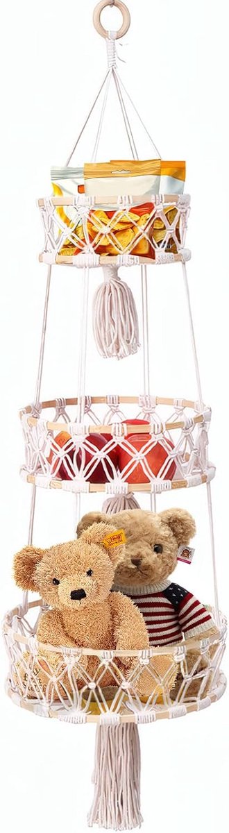 Hangmand voor fruitmand, 3 etages, materiaal van katoenen touw, totale lengte 110 cm, diameter 20/25/30 cm, geschikt voor keuken, woonkamer, badkamer en slaapkamer (wit)
