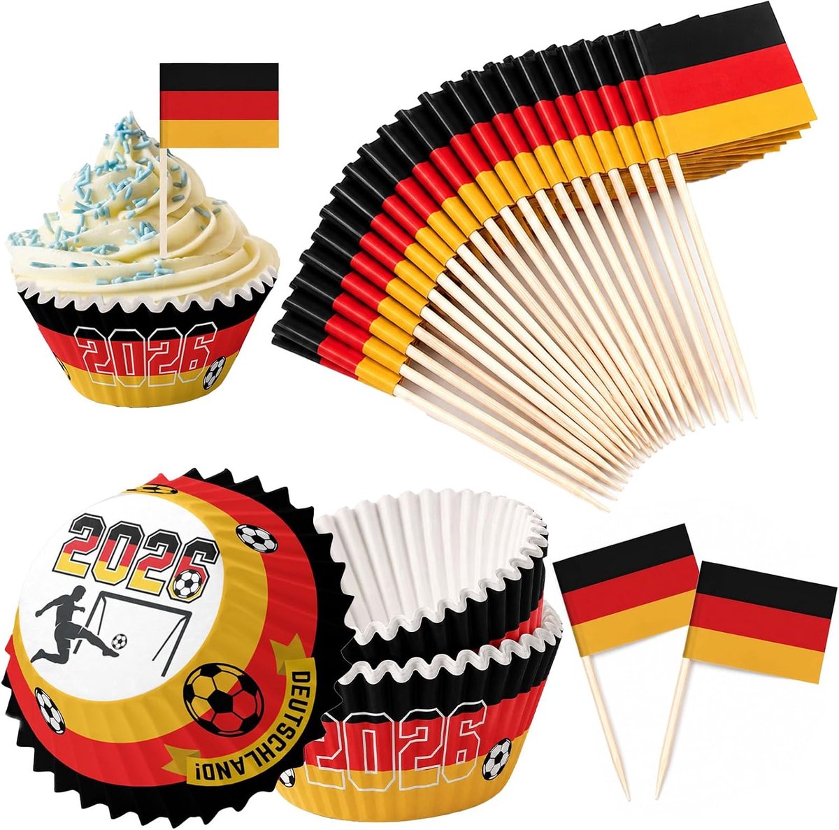 Set van 200 muffinvormpjes en tandenstokervlaggen Duitsland, 100 papieren cupcake-bakvormpjes + 100 partypickers vlaggen, WK 2026 voetbaldecoratie voor bakken, fingerfood, kaas en verjaardag