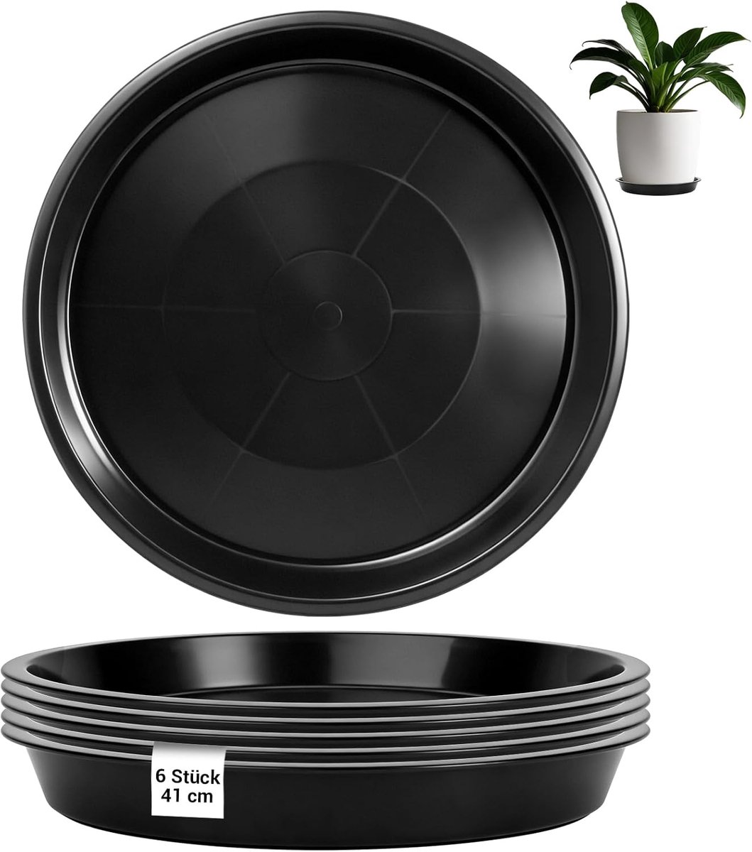6 stuks bloempotonderzetters, kunststof onderzetters, bloempot met een diameter van 41 cm, ronde bloempotonderzetters, voor binnen en buiten, zwart
