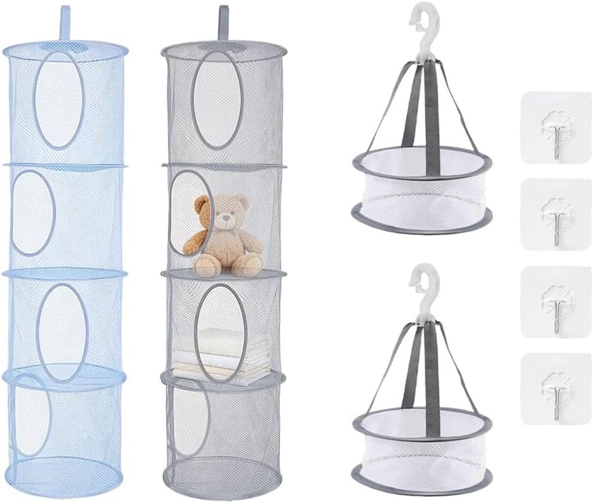 Hangende opbergmand, 4 stuks, mesh, opvouwbaar, hangopbergnet, 4-traps hangende netopbergtas en eenlaagse hangmanden, knuffeldieren, hangrek, voor badkamer, balkon