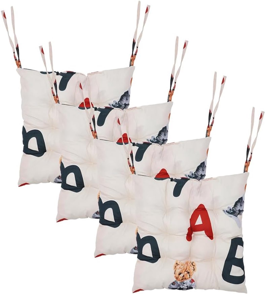 4 stuks stoelkussens, 40 x 40 cm zitkussen met banden, kussens voor tuinstoelen, zitkussen voor binnen en buiten, stoelkussen voor eetkamer, woonkamer, werkkamer (letterbeer)
