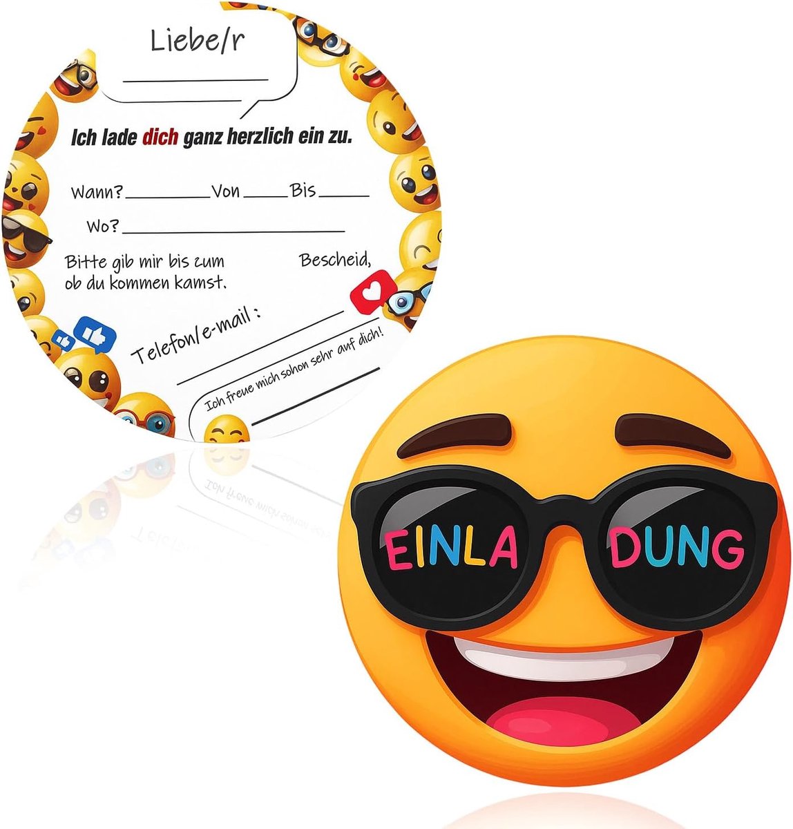 Uitnodigingskaarten voor kinderverjaardag, ronde smiley-kaarten Ø 13,5 cm, grappige uitnodigingskaarten voor jongens en meisjes, perfecte kinderverjaardag, uitnodigingskaarten voor meisjes en