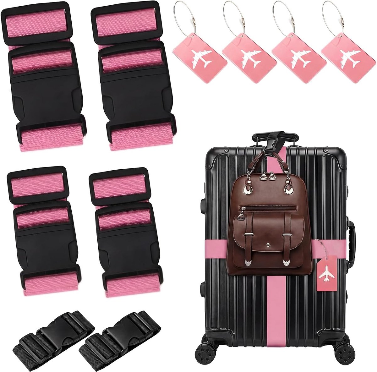 Set van 4 riemen, 4 bagagelabels, 2 accessoires, kofferband voor bagage, verstelbare bagageriemen met adreslabel voor koffer, veiligheid en identificatie (roze)