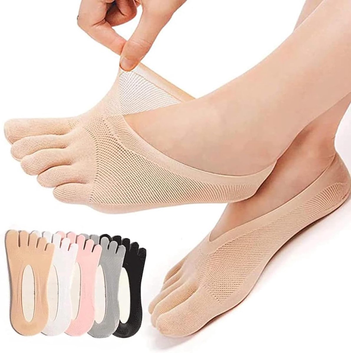 Sokken voor dames, 5 paar, onzichtbaar, lage snit, orthopedische antislip en compressiekousen, wit, grijs, beige, zwart, roze, one size