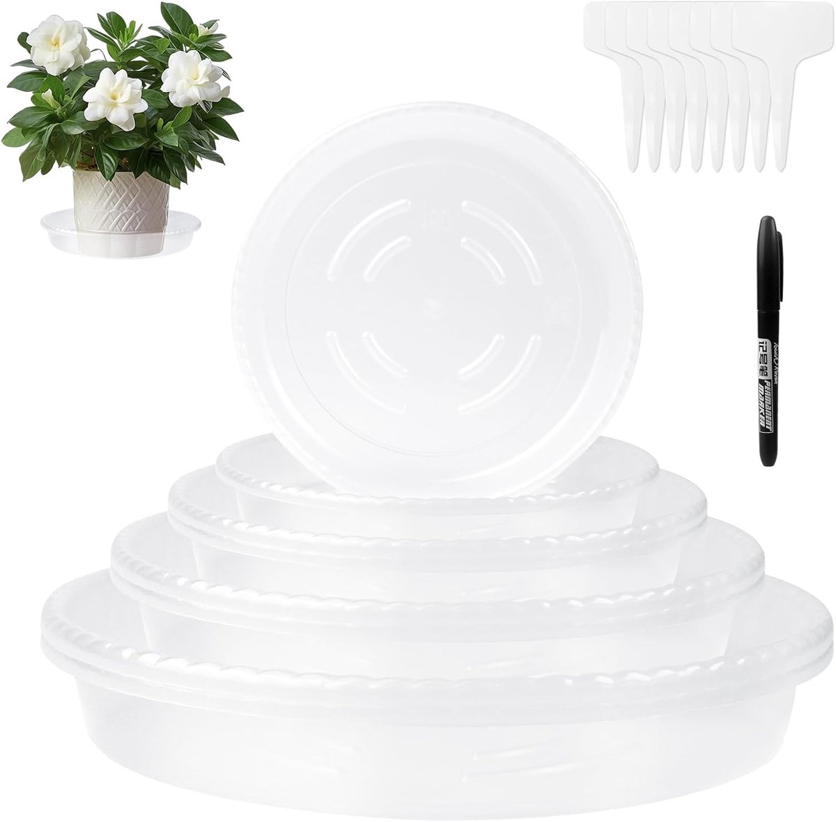 Schotels Met Label - 8 Stuks Stevige Doorzichtige Plantendruppelschotels, Ronde Doorzichtige Bloempotschotels, Tuinschotels met 8 Labels Verdiepte Bloempotplaten voor Tuin Buiten