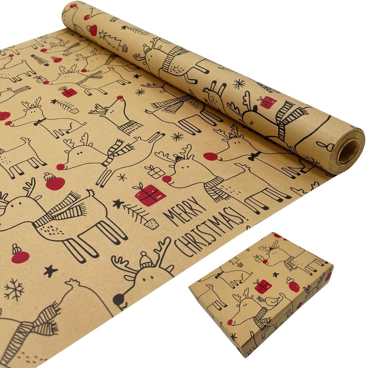 Cadeaupapier voor het verpakken van cadeaus: kraftpapierrol bedrukt met feestelijk rendierpatroon, 43 cm x 15 m, recycleerbaar cadeaupapier