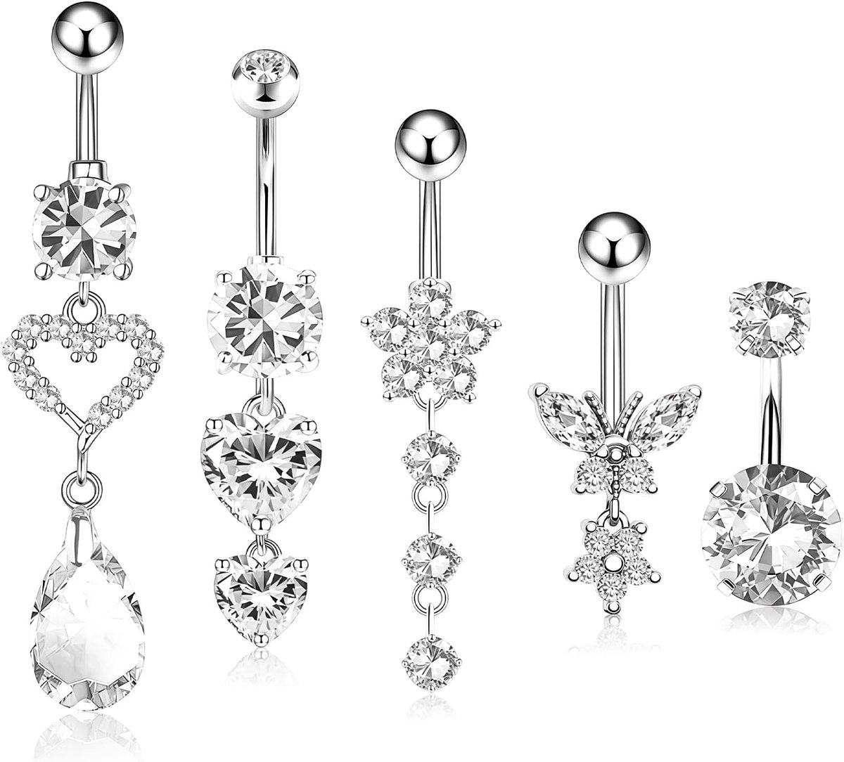 5 Stuks Hangende Navelpiercing Set Chirurgisch Staal Zilver, Buikpiercing Ring Met Zirkonia, Waterbestendig Titanium Stijl Lang Buiklittekens Sieraden Voor Dames