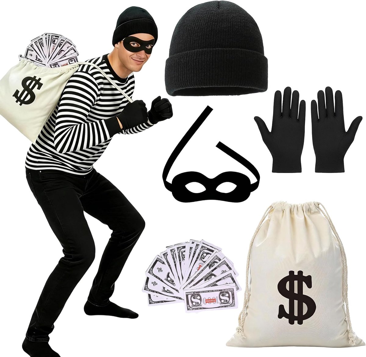 5 stuks bankdief kostuumaccessoires voor volwassenen, bankdiefkostuum, cosplay-accessoires met gebreide muts, oogmasker, geldzak, bankhandschoenen