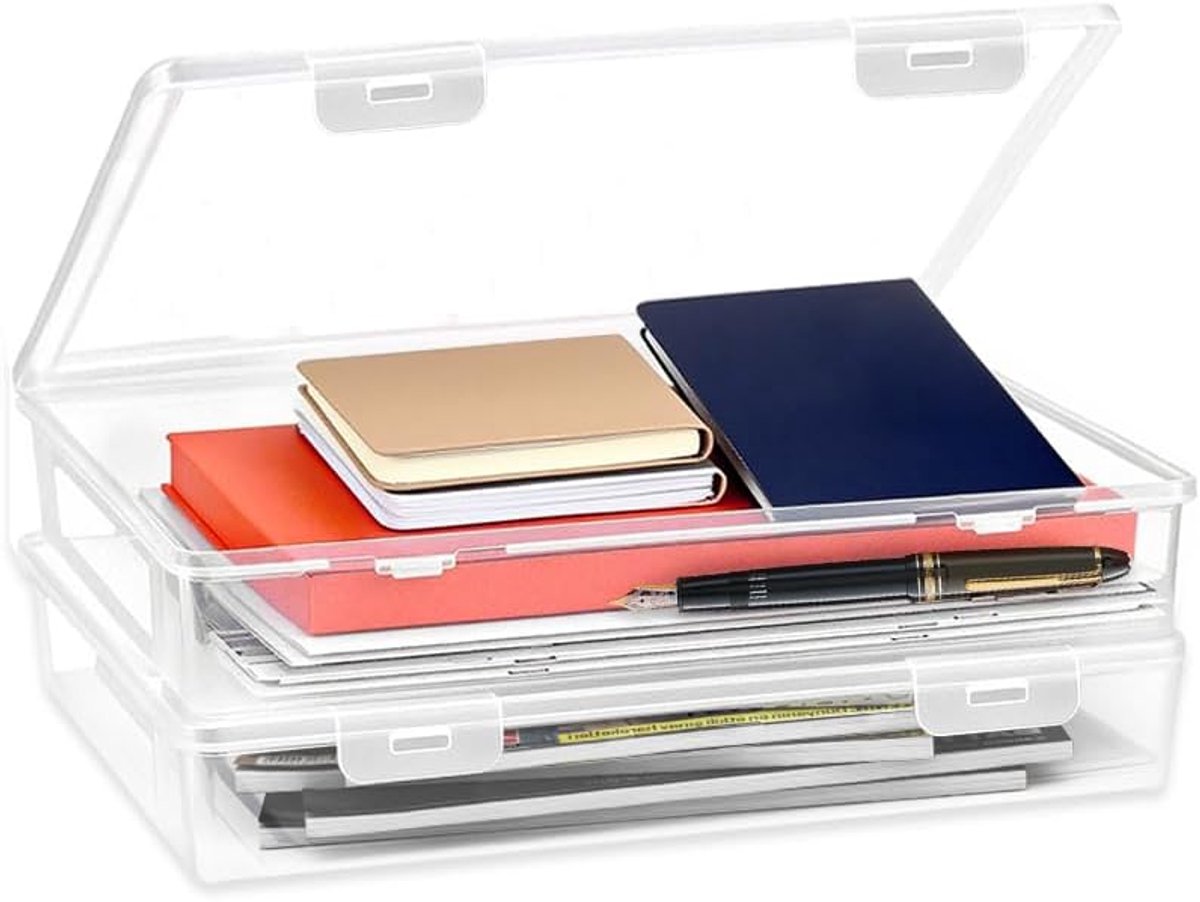 Opbergdoos met deksel, plat, A4-documentenbox, stapelbaar, stapelbaar, transparant, plastic doos, stiftorganizer, opbergdozen voor documenten, tijdschriften