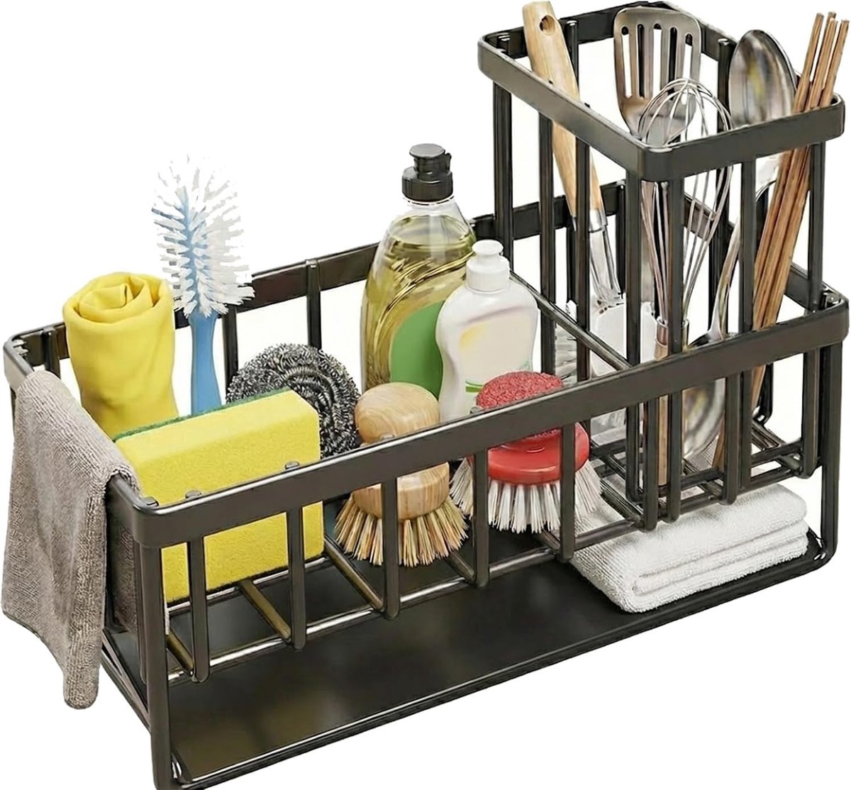Organizer voor gootsteen, sponshouder en doekhouder, zwart, met scheidingswanden, ruimtebesparende houder voor reinigingsmiddelen en accessoires, voor keuken en badkamer