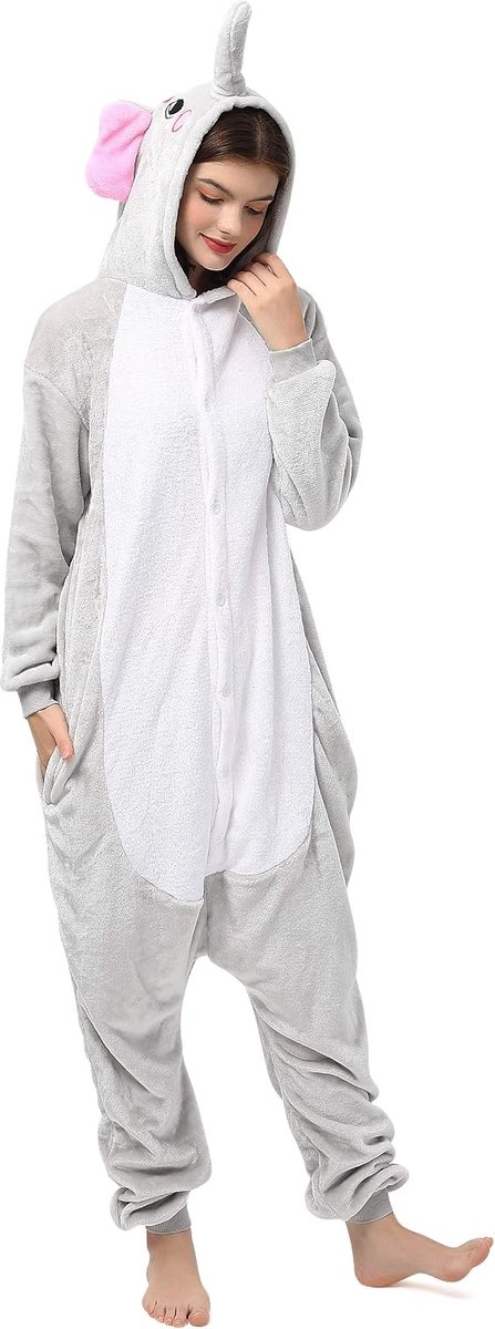 1744 Animal Onesie Unisex Pyjama Volwassenen Tieners (10+ Designs) Lichaamshoogte 165-175cm, Grijs Olifant
