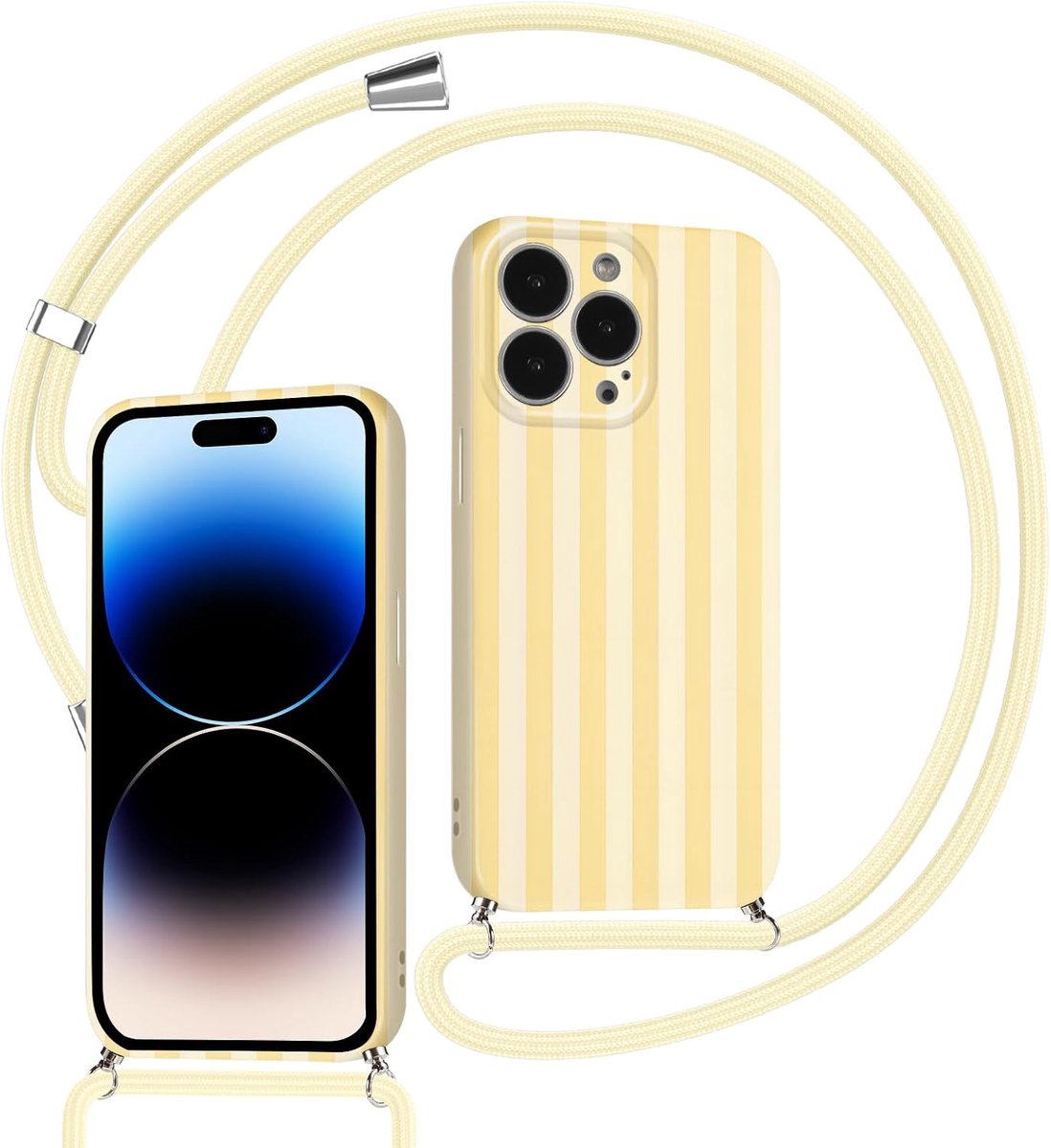 Telefoonhoes met koord voor iPhone 16 Pro Max met koord, ketting, esthetische gele strepen, gestreept motief, verstelbare halsketting met koord om om te hangen, siliconen beschermhoes, 06