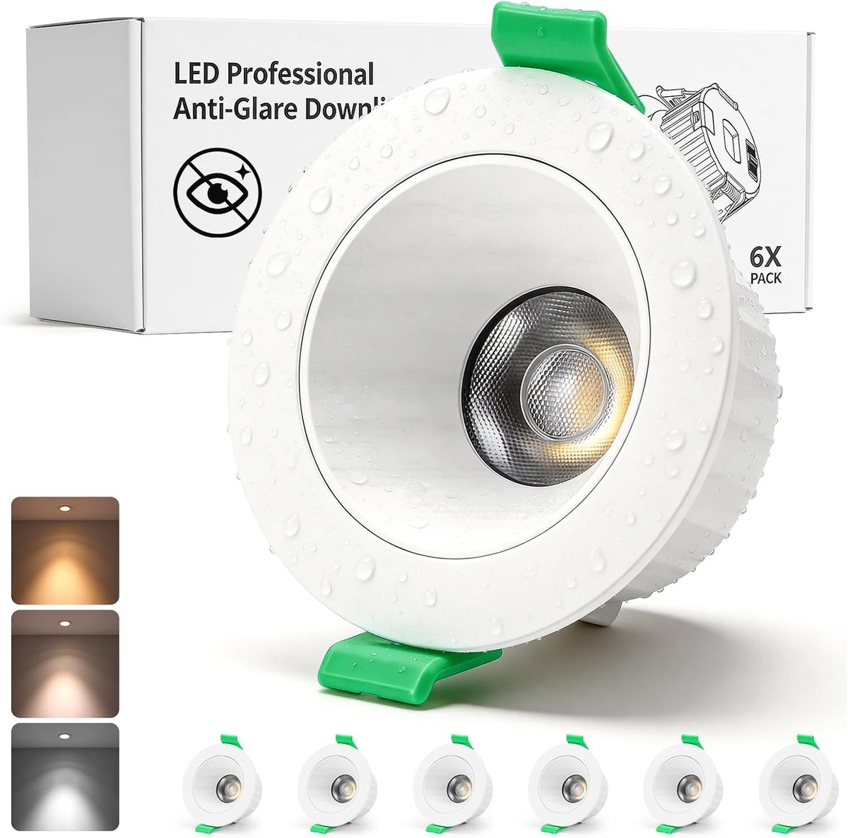 LED Recessed Spotlights 230V Glare- Ceiling Lights 7W 68mm – 80mm Hole Size IP44 Rated Warm White Neutral White Cool White Recessed Fixtures for Bathrooms Kitchens and Damp Areas 6pcs