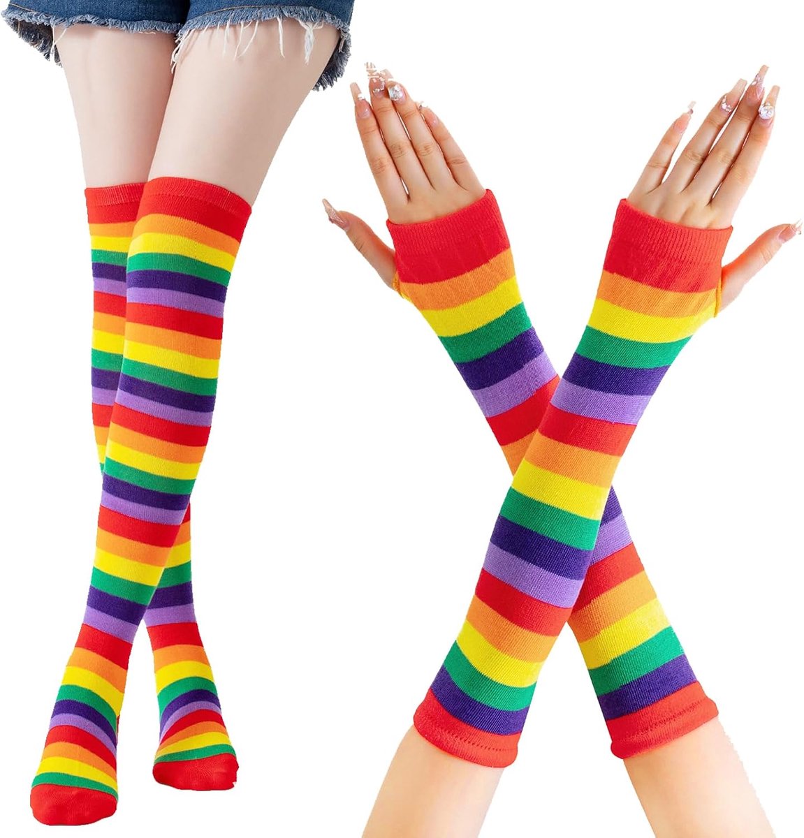 Regenboogkousen voor dames en meisjes, sokken, lange sokken, volleybalsokken, sportsokken met vingerloze handschoenen, set voor feest, Halloween kostuums