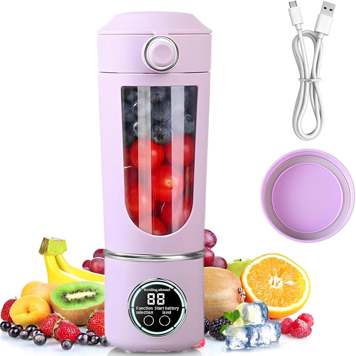 Mixer, 700 ml blender, smoothie, mini-blender met 12 roestvrijstalen messen en digitaal display, oplaadbare shakes en smoothie-maker, kleiner voor reizen, keuken, kantoor, fitness (paars)