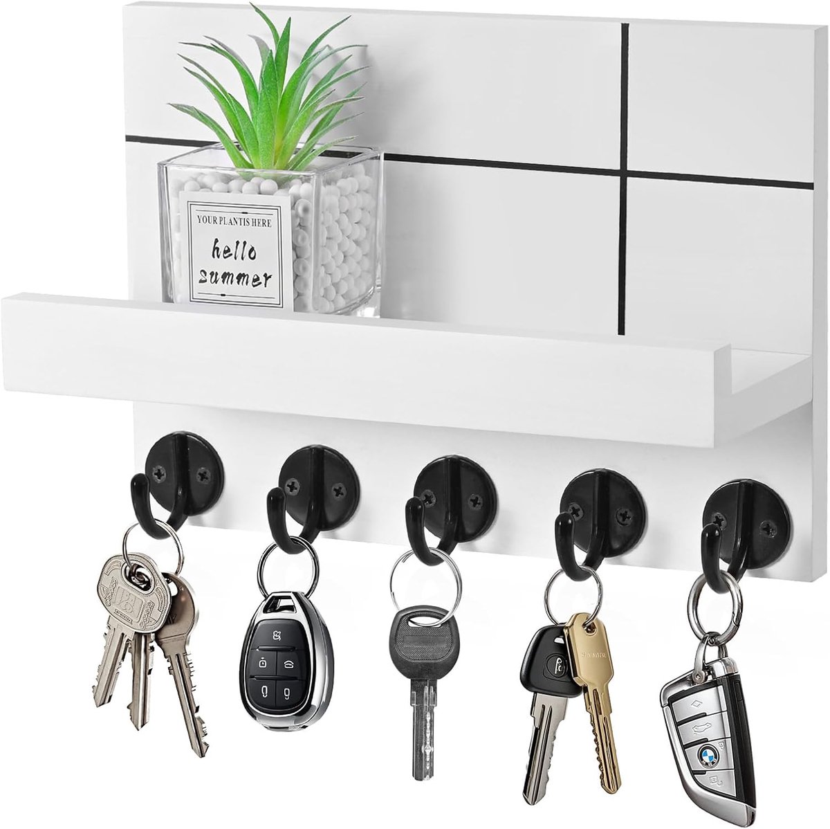 Sleutelhanger voor aan de muur, decoratieve sleutelhanger, wandkapstok met plank met 5 sleutelhaken, voor woonkamer, badkamer, keuken, entree, hal (wit)