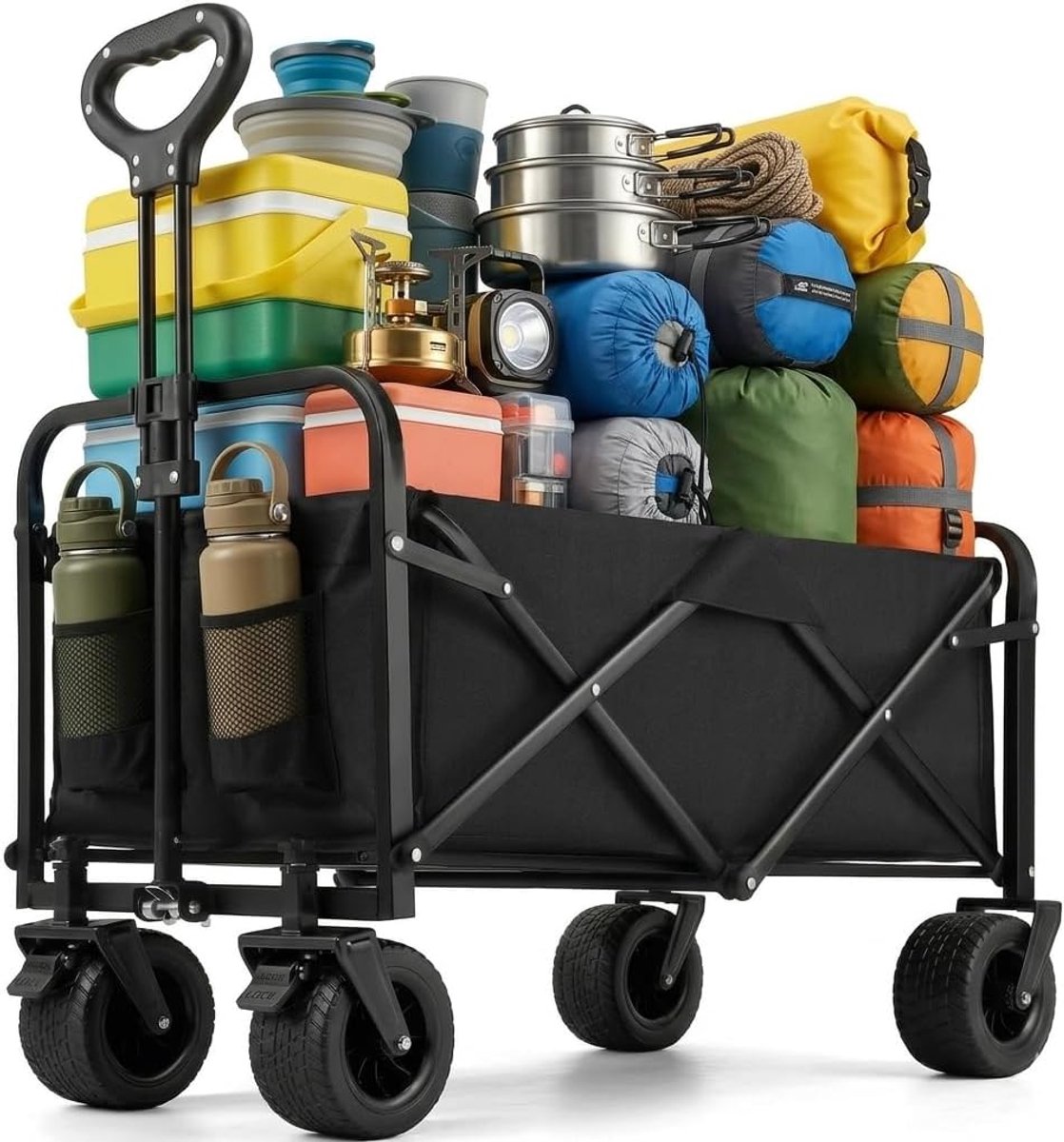 Bolderkar, opvouwbaar, 200 l, 160 kg draagkracht, all-terrain handwagen met remmen, extra brede wielen, opvouwbare transportwagen voor strand, tuin en camping, incl. bekerhouder en verstelbare