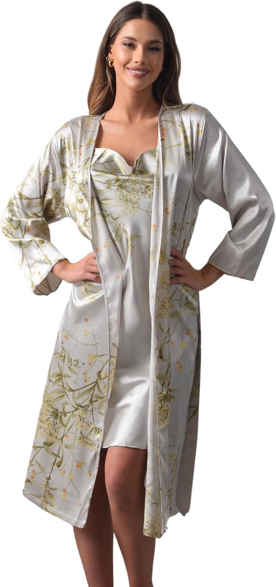 Elegante nachtkleding voor dames, 2-delig, satijnen ochtendjas met bloemenpatroon