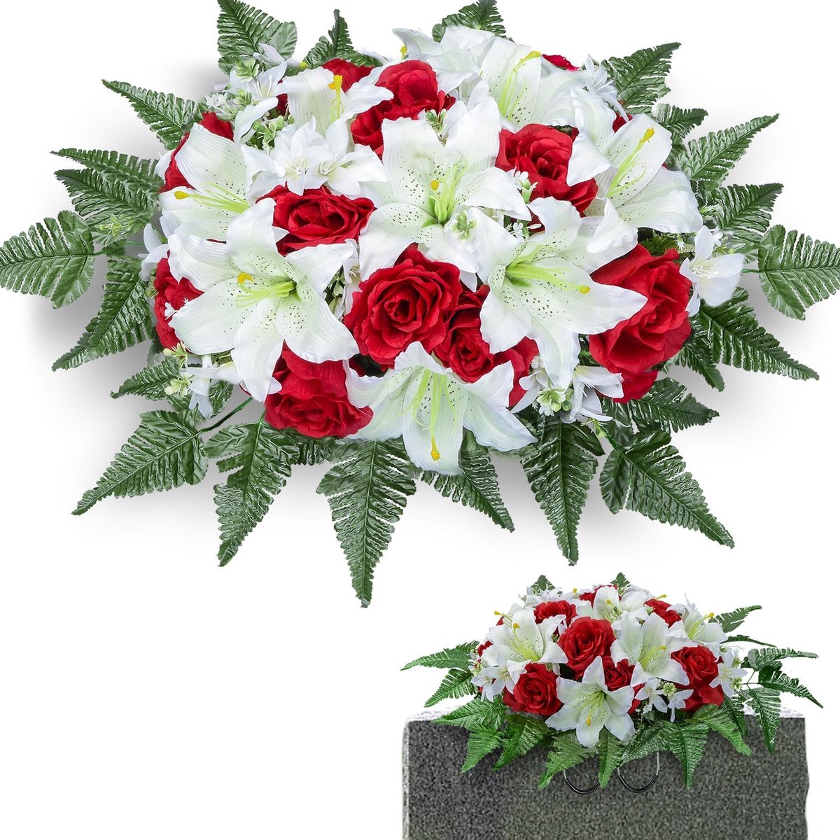 Kunstbloem voor grafsteen, begraafplaatsbloemen, lelieboeketten kunstrozen voor buitendecoratie van grafsteen (witte lelie, bloemzadel)