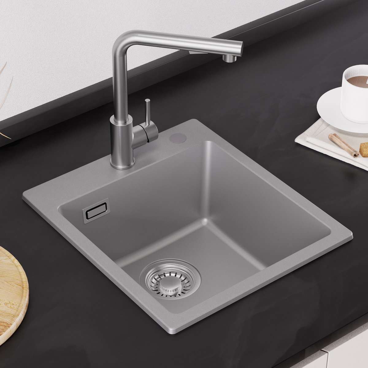 CECIPA Max Spoelbak Grijs 40×45 cm - Graniet Spoelbakken Keuken - Enkele Spoelbak - Spoelbakken Incl. Sifon en Afvoerzeefje
