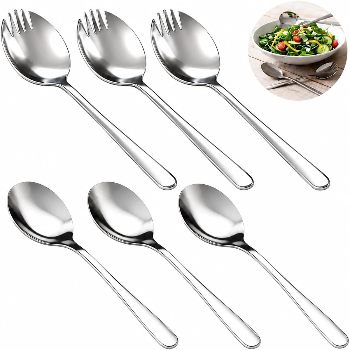 6 stuks saladebestekset, saladebestek, roestvrij staal, voor keuken en eetkamer, slalepels en saladebestek, lepel, vorken, als saladebestekset, voor het bereiden en serveren van saladebestek