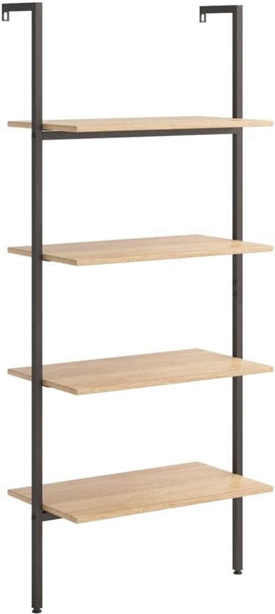 Leuningrek met 4 legplanken, lichtbruin en zwart, 64 x 35 x 152,5 cm, ladderrek met 4 planken, stalen frame, ruimtebesparend boekenrek voor woonkamer, slaapkamer, balkon, inclusief