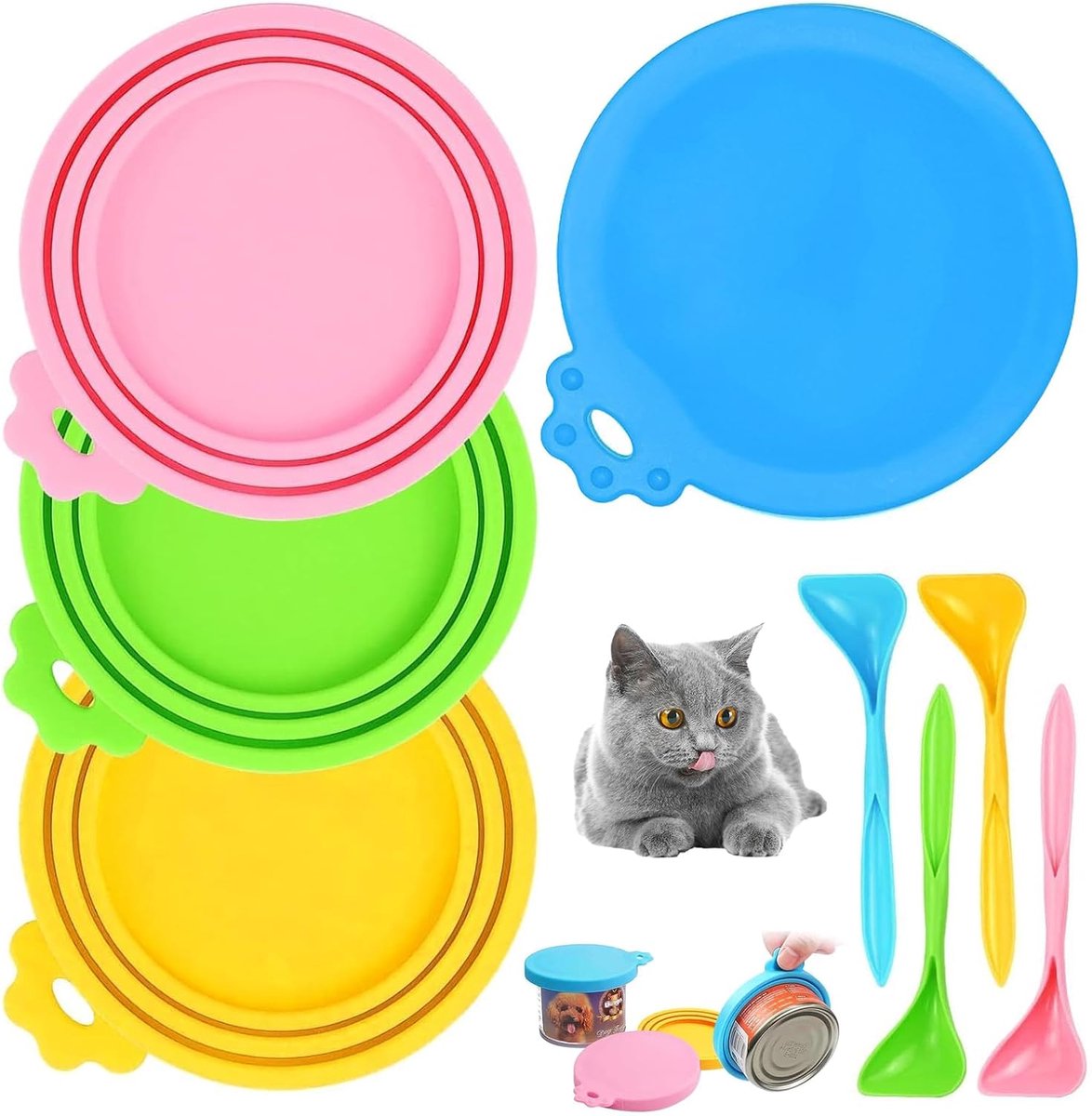 4 stuks siliconen blikdeksels voor dierenvoer met lepel, herbruikbare voerblikkenafdekkingen voor honden en katten, universele maat, set in blauw, groen, geel, roze