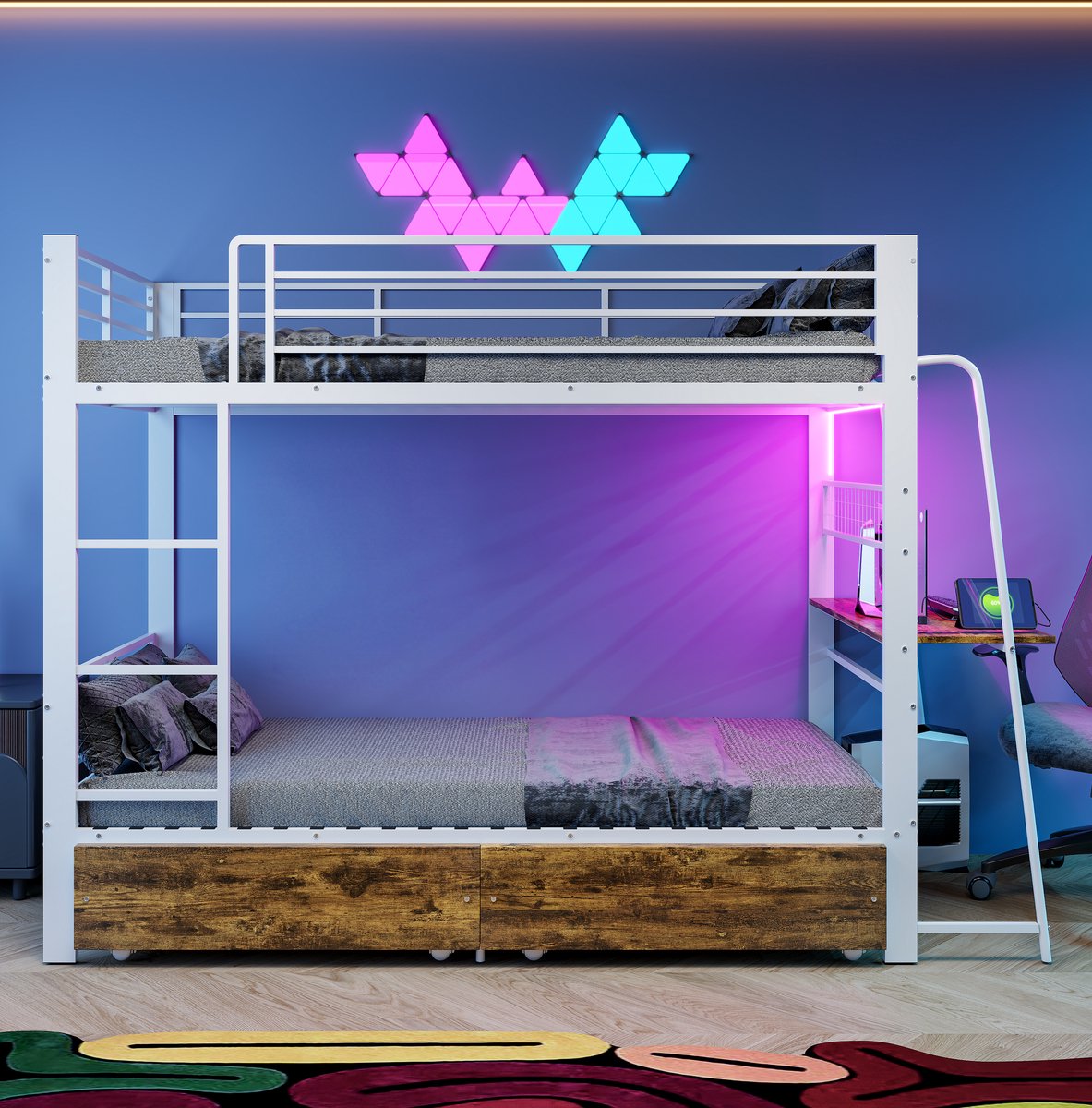 MODENUIT Stapelbed – 90 x 200 cm – Bureau, Ledverlichting en Bedlade – Metaal en MDF – Matwit en Donker Walnoot