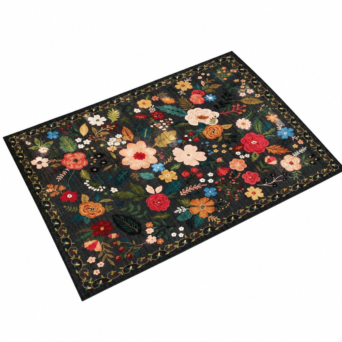 VHV - Deurmat - Machinewasbaar - Antislip laagpolig vloerkleed - 60 cm - Zwart - Vintage patroon - Boho-stijl - in de keuken