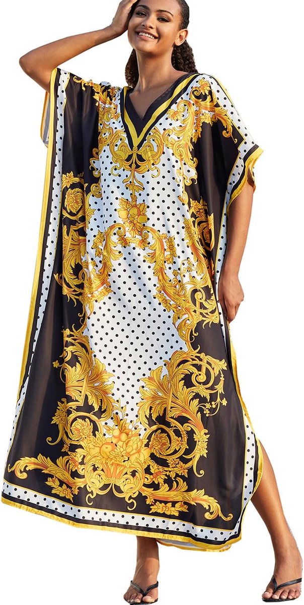 V-hals, kaftan, boho, strand, bikini, bedekkende gewaad, grote maten, loungewear voor dames