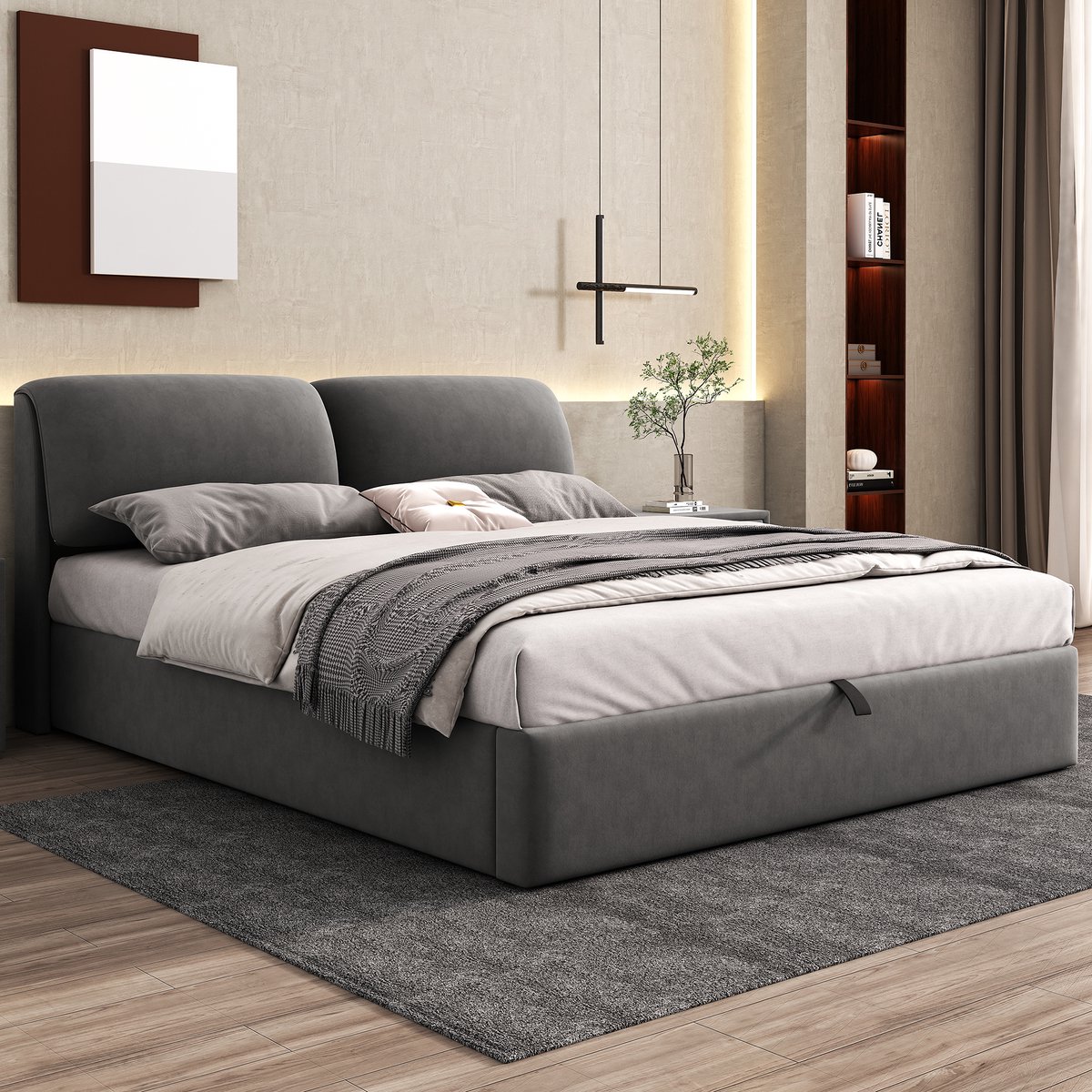 WUVRIE Gestoffeerd bed 160x200 cm met hydraulische opbergruimte, 3 lades en verstelbaar hoofdbord, grijs