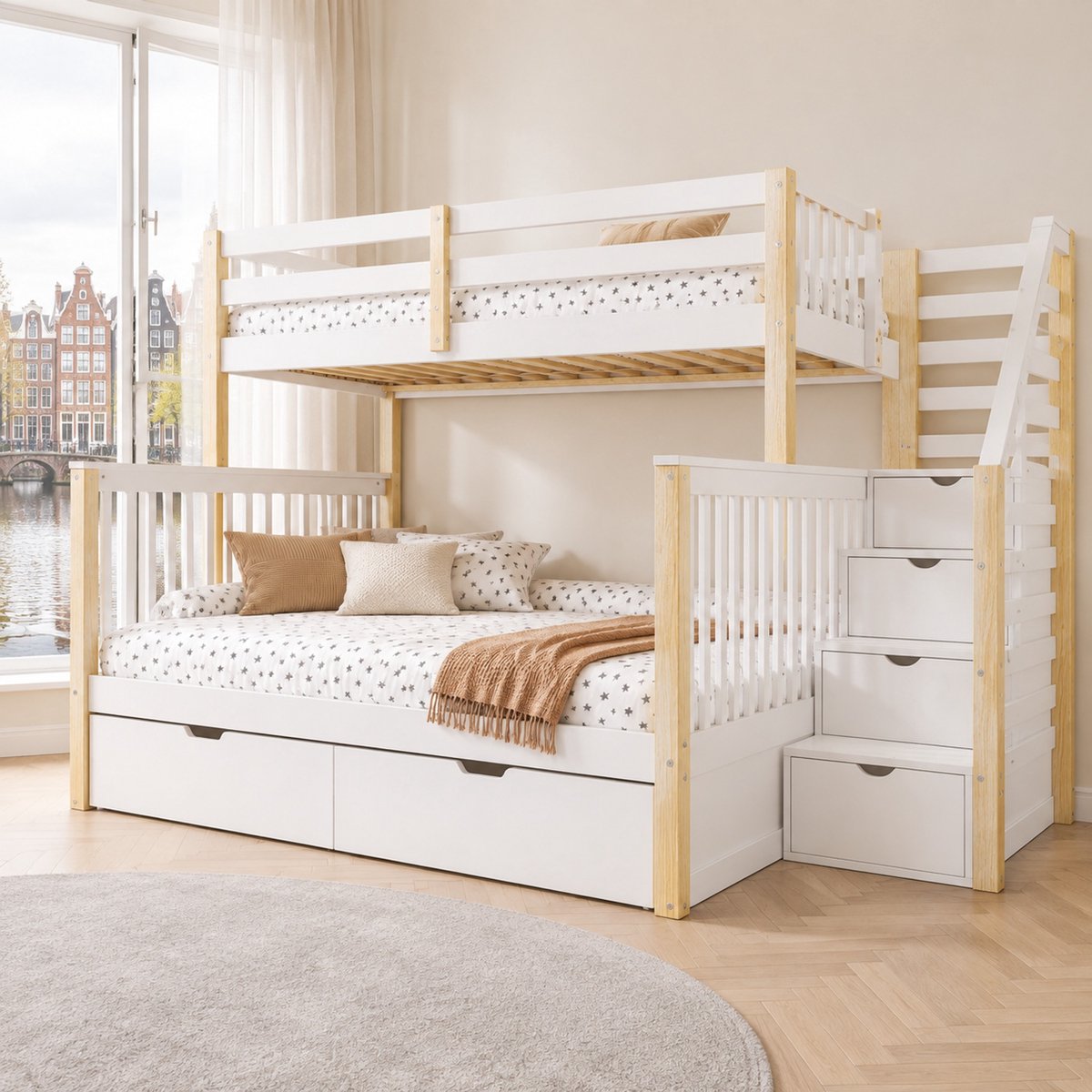 WUVRIE Stapelbed 90x200 en 140x200 cm met lades, ladder en valbeveiliging, wit/naturel