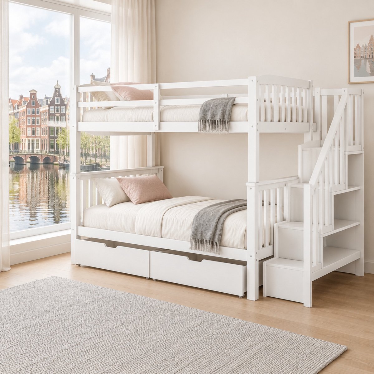 WUVRIE Stapelbed 140x200 cm met trapkast, 2 lades en hoge uitvalbeveiliging, wit