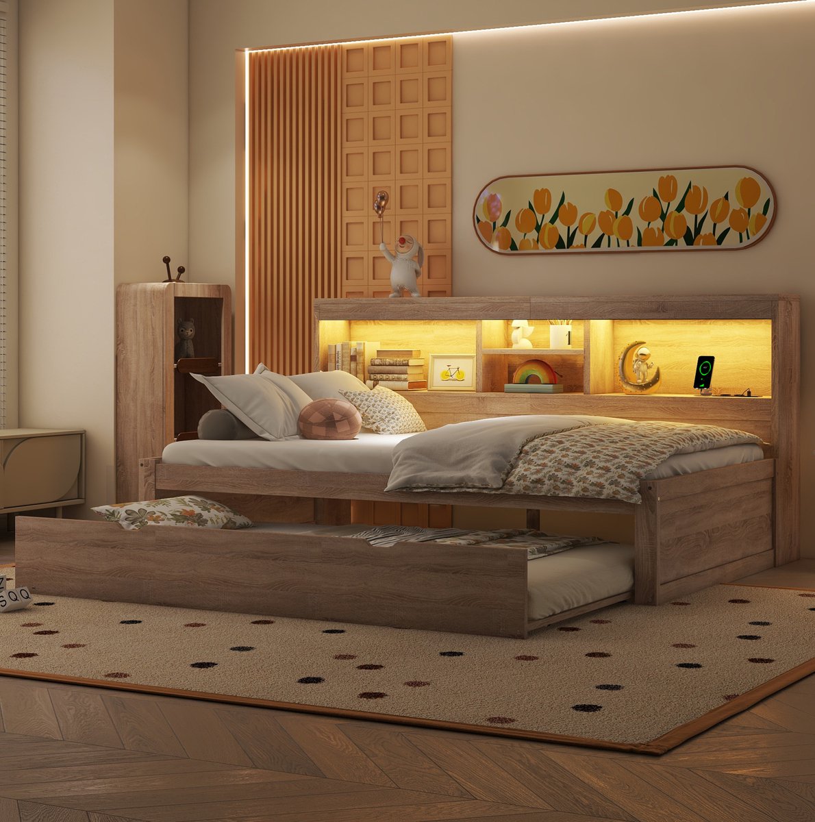 WUVRIE Slaapbank 90x200 cm met uitschuifbed, LED, opbergvak, stopcontact en USB, naturel