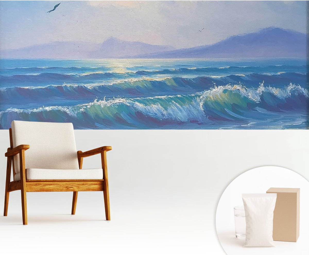 Wallfluent Fotobehang - Blauw Vliesbehang - 250x104 cm - Zeegolven Fotobehang Vlies - Hal behang Landschappen - Muurschildering - Hal behang