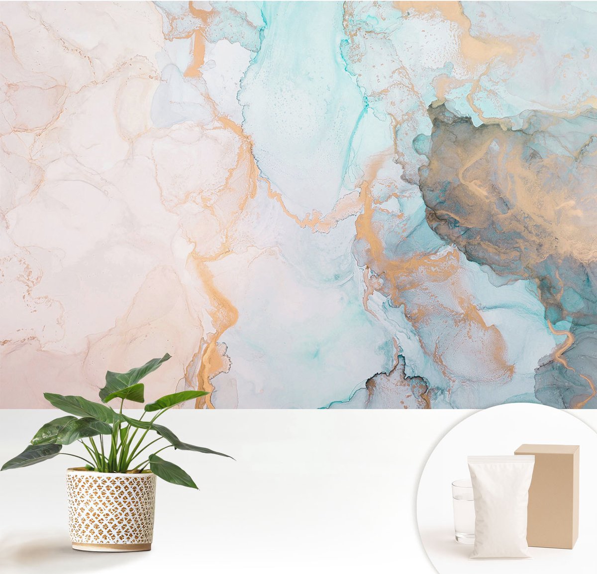 Wallfluent Fotobehang - Wit Vliesbehang - 152x104 cm - Aquarel Golven Fotobehang Vlies - Woonkamer behang Deel - Muurschildering - Woonkamer behang