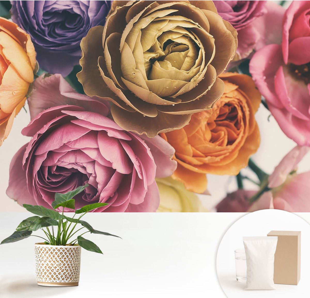 Wallfluent Fotobehang - Roze Vliesbehang - 152x104 cm - Kleurrijke Rozen Muurschildering - Slaapkamer behang Bloemen En Planten - Fotobehang Vlies - Gang behang
