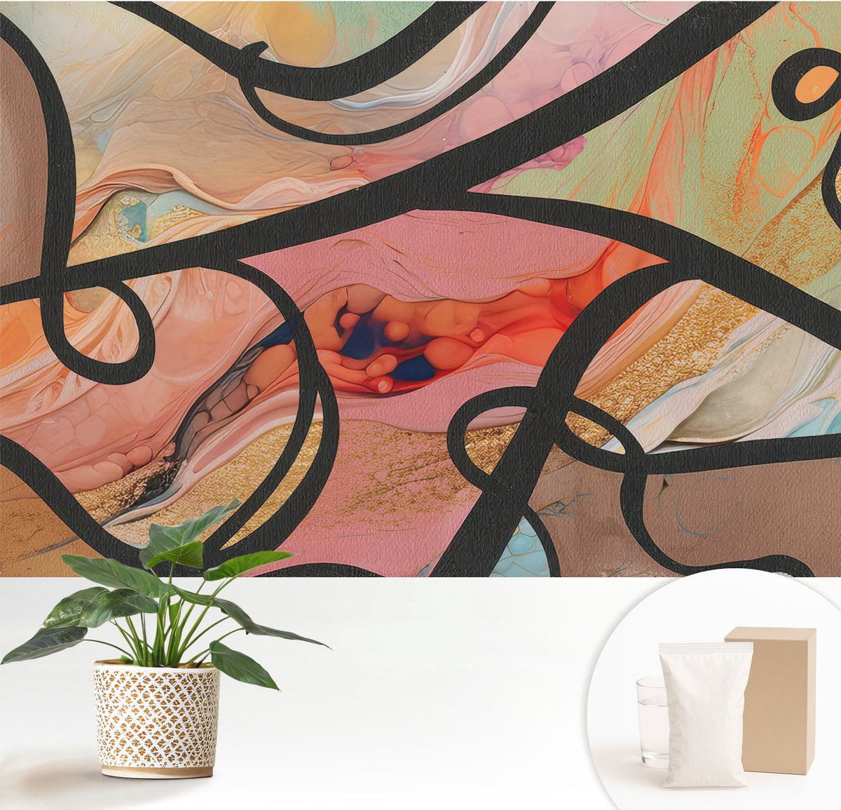Wallfluent Fotobehang - Oranje Vliesbehang - 152x104 cm - Kleurrijke Beweging Fotobehang Vlies - Hal behang Abstractie - Muurschildering - Hal behang