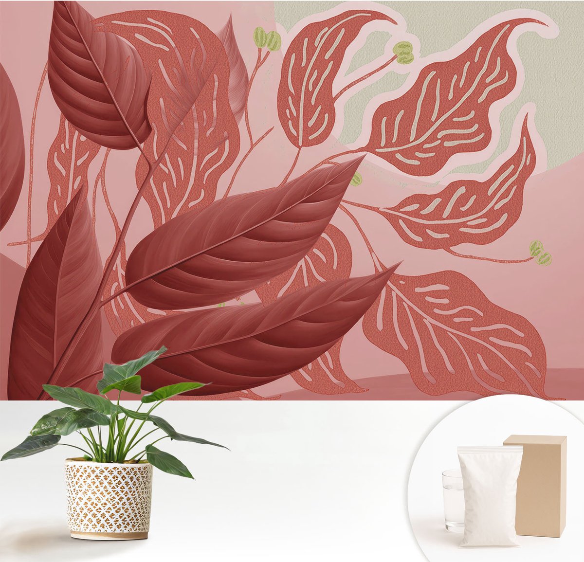 Wallfluent Fotobehang - Rood Vliesbehang - 152x104 cm - Biologische Bladeren Fotobehang Vlies - Hal behang Bloemen En Planten - Muurschildering - Woonkamer behang