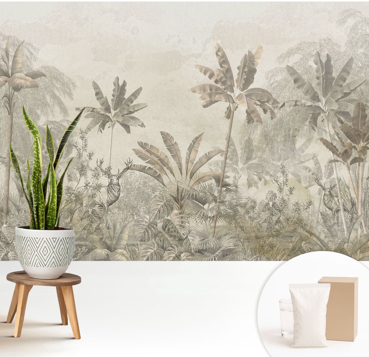 Wallfluent Fotobehang - Grijs Vliesbehang - 208x146 cm - Tropische Jungle Muurschildering - Gang behang Bloemen En Planten - Fotobehang Vlies - Slaapkamer behang